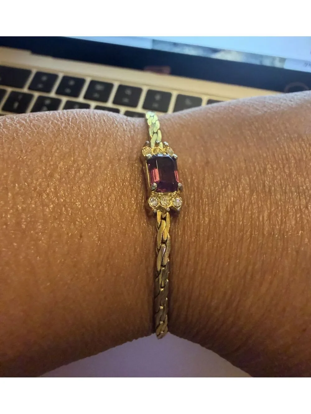 BRACELET Gold-Tone Bracelet with Purple Gemstone and Clear Rhinestones 7